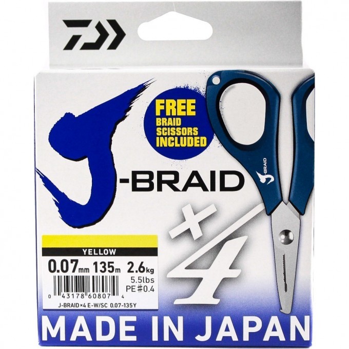 Шнур DAIWA J-Braid X4E-W/SC 0,07мм 135м желтый + ножницы 40002804 Шнур DAIWA J-Braid X4E-W/SC 0,07мм 135м желтый + ножницы 40002804