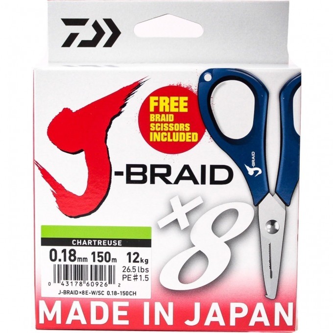 Шнур DAIWA J-Braid X8E-W/SC 0,18мм 150м chartreuse + ножницы 40002943 Шнур DAIWA J-Braid X8E-W/SC 0,18мм 150м chartreuse + ножницы 40002943
