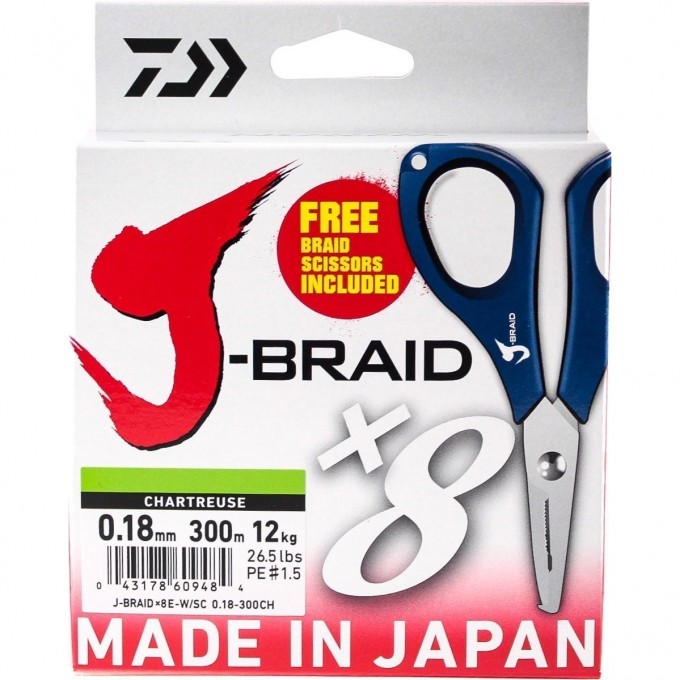 Шнур DAIWA J-Braid X8E-W/SC 0,18мм 300м chartreuse + ножницы 40002965 Шнур DAIWA J-Braid X8E-W/SC 0,18мм 300м chartreuse + ножницы 40002965