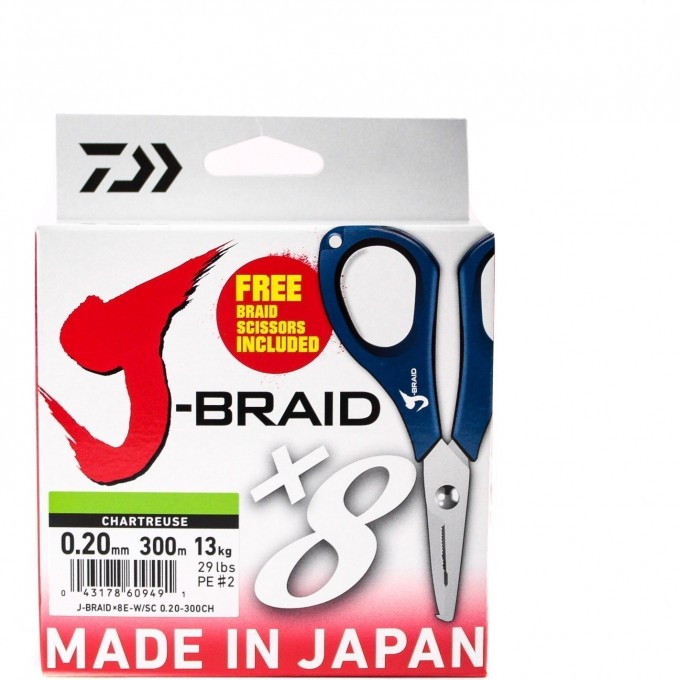 Шнур DAIWA J-Braid X8E-W/SC 0,20мм 300м chartreuse + ножницы 40002966 Шнур DAIWA J-Braid X8E-W/SC 0,20мм 300м chartreuse + ножницы 40002966