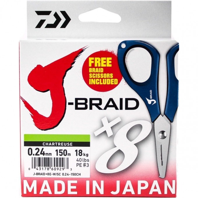 Шнур DAIWA J-Braid X8E-W/SC 0,24мм 150м chartreuse + ножницы 40002946 Шнур DAIWA J-Braid X8E-W/SC 0,24мм 150м chartreuse + ножницы 40002946
