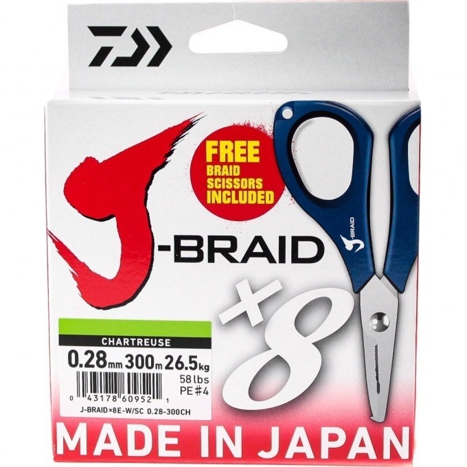 Шнур DAIWA J-Braid X8E-W/SC 0,28мм 300м chartreuse + ножницы 40002969 Шнур DAIWA J-Braid X8E-W/SC 0,28мм 300м chartreuse + ножницы 40002969